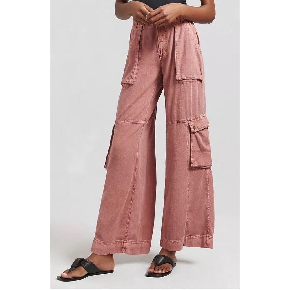 Anthropologie Pilcro Beach Cargo Pants Coral Linen Blend Wide Leg Women 25 Tall